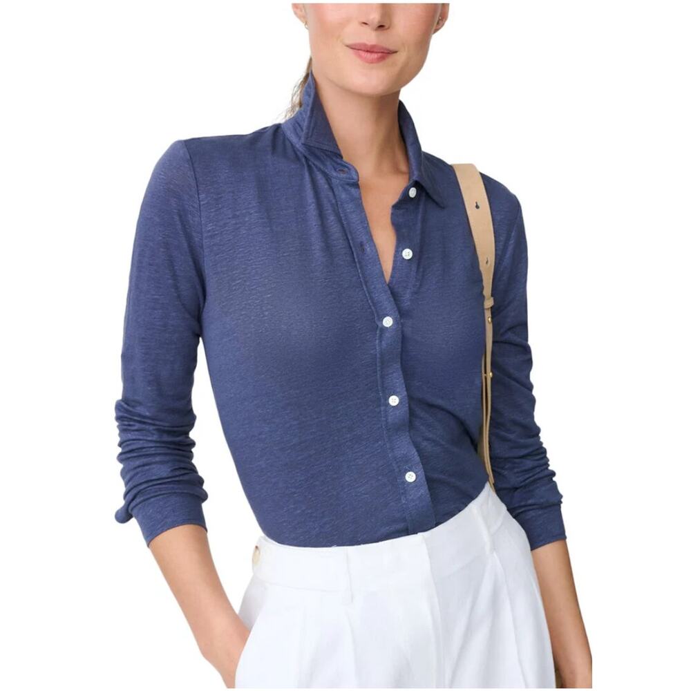 J MCLAUGHLIN Betty Linen Knit Buton Down Top Small Indigo Navy Blue Long Sleeve